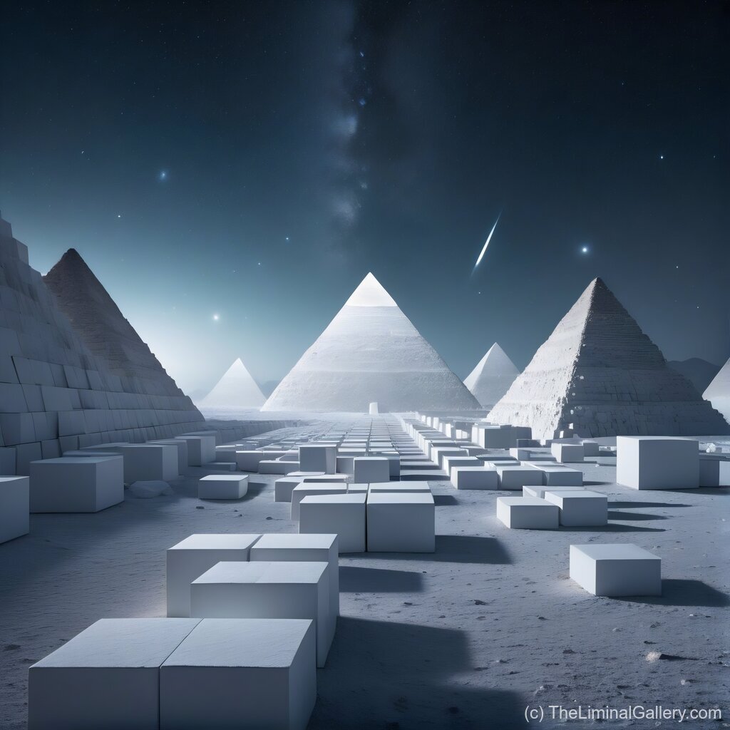 Pyramids rising beneath a starlit eternal sky, embodying timeless mystery and cosmic wonder.